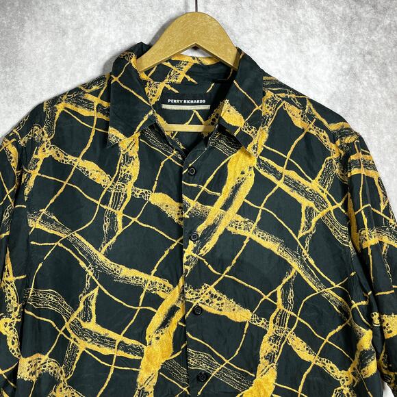Perry Richards Silk Shirt Mens Medium Black Yellow Abstract Print Button Up Club - Picture 2 of 10